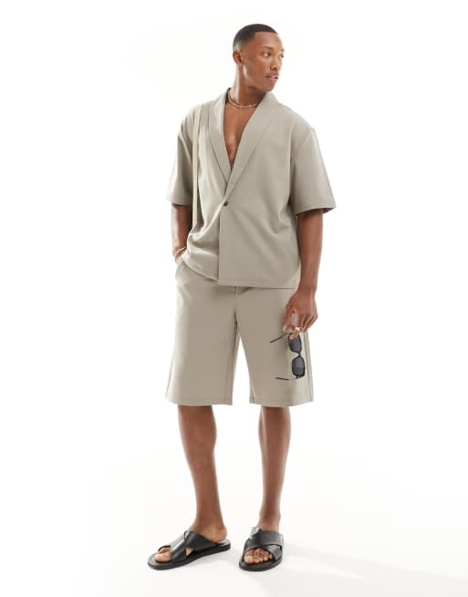 Bershka - Pantaloncini squadrati sartoriali beige in coordinato  , 6 di 6