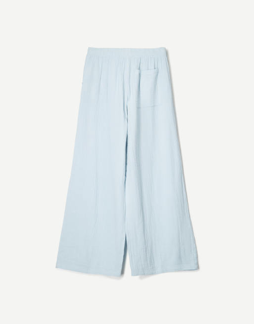 Bershka - Pantaloni a gamba larga azzurri in tessuto doppio rustico, 3 di 4
