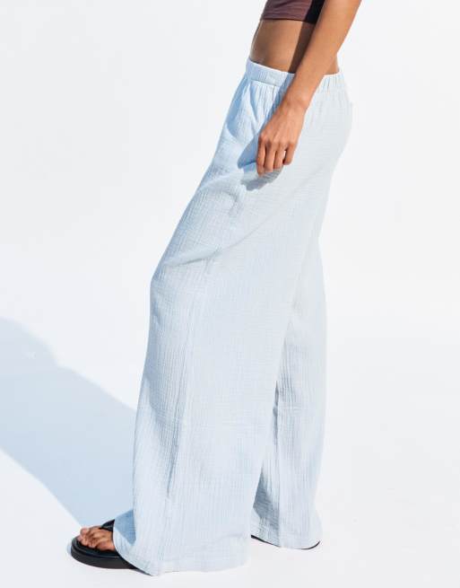 Bershka - Pantaloni a gamba larga azzurri in tessuto doppio rustico, 4 di 4