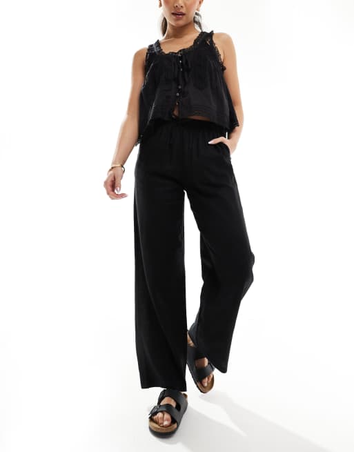 Bershka - Pantaloni allacciati in vita a fondo ampio in lino neri