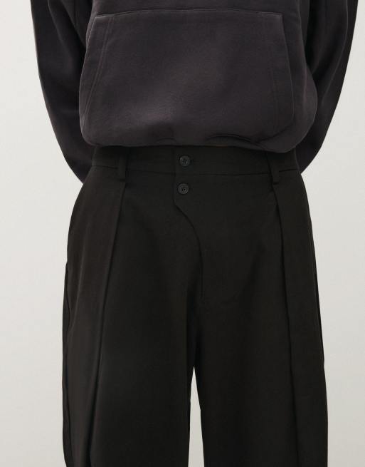 Bershka pantaloni baggy neri con piega incrociata, 4 di 7