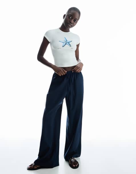 Bershka - Pantaloni blu navy in misto lino con fascia in vita elasticizzata - view 1