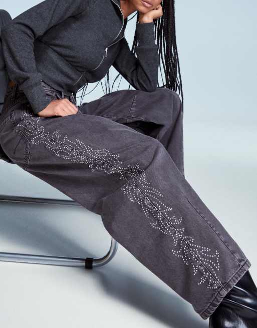 Bershka - Pantaloni bombati grigi con dettaglio luccicante