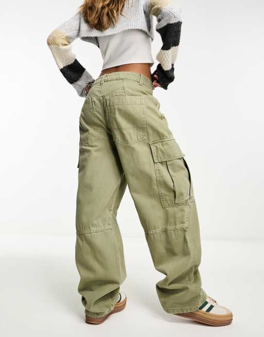 Bershka - Pantaloni cargo dritti kaki slavato, 3 di 4