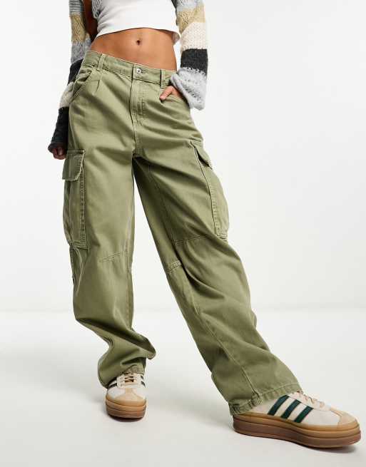 Bershka - Pantaloni cargo dritti kaki slavato, 4 di 4
