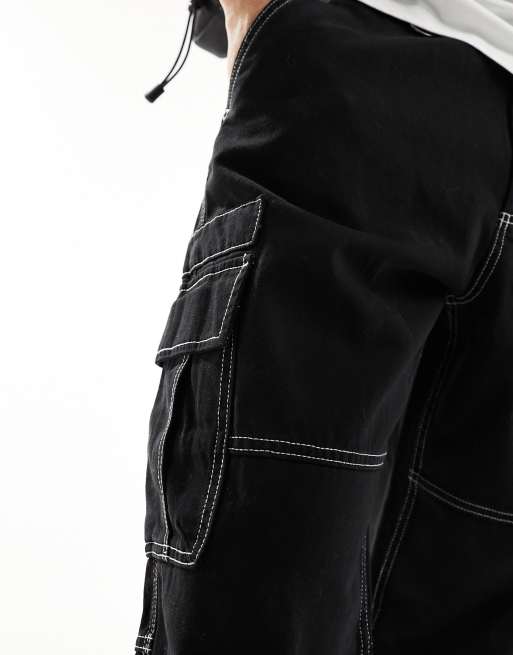 Bershka - Pantaloni cargo neri a fondo ampio con cuciture a contrasto, 2 di 5