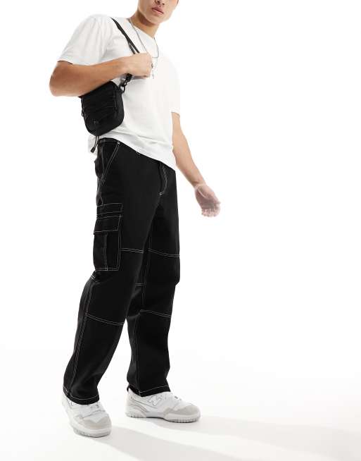 Bershka - Pantaloni cargo neri a fondo ampio con cuciture a contrasto, 4 di 5