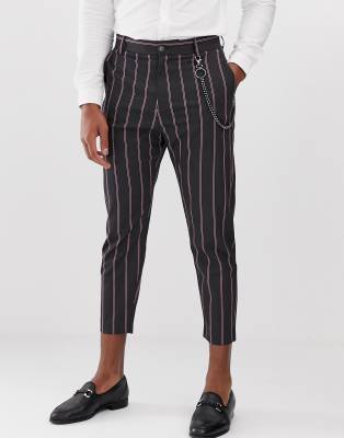 Bershka - Pantaloni carrot neri con righe rosa-Nero