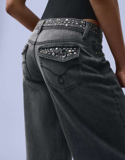Bershka pantaloni dritti con borchie grigi e neri, 4 di 5