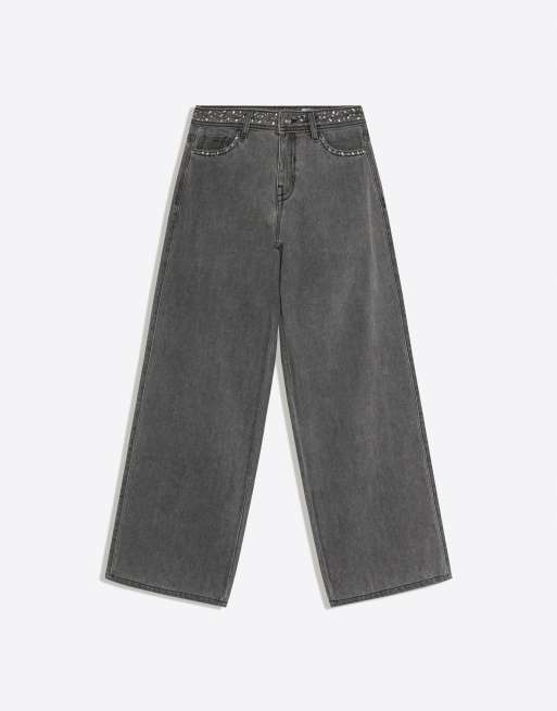 Bershka pantaloni dritti con borchie grigi e neri, 5 di 5