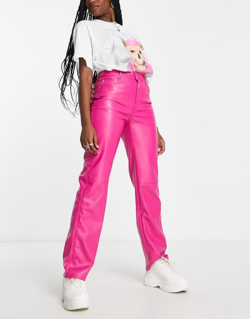 Bershka - Pantaloni dritti in pelle sintetica rosa acceso, 3 di 4