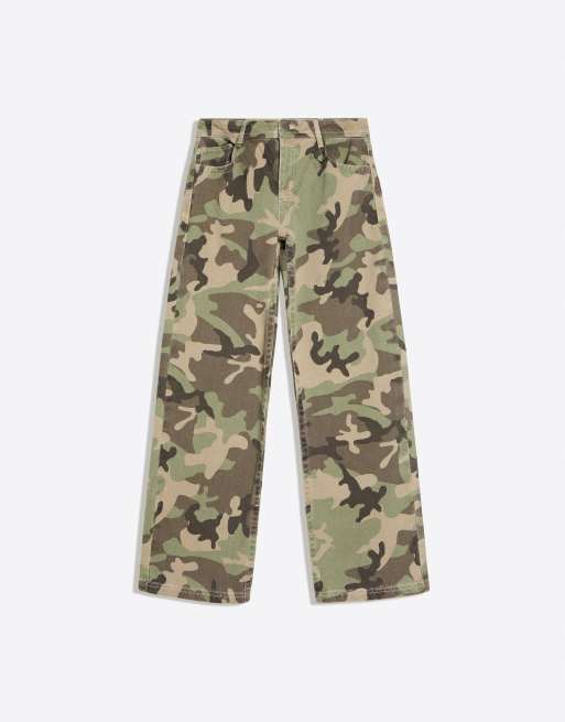 Bershka - Pantaloni dritti kaki con stampa, 5 di 5