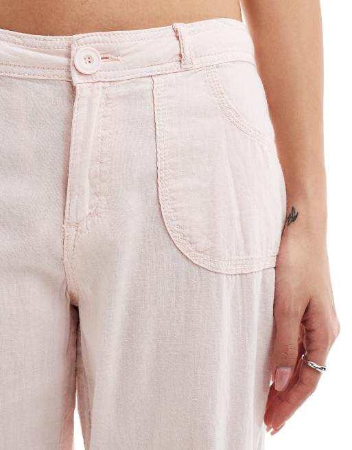 Bershka Pantaloni in lino rosa pallido allacciati in vita con tasca ASOS