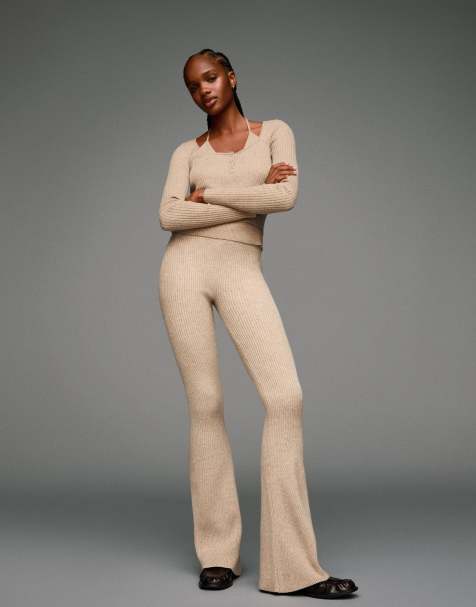 Bershka - Pantaloni in maglia color pietra a fondo ampio - view 1