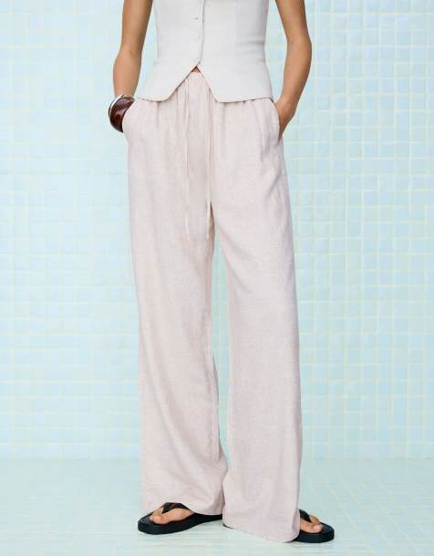 Bershka - Pantaloni in misto lino color sabbia chiaro con elastico in vita - view 1