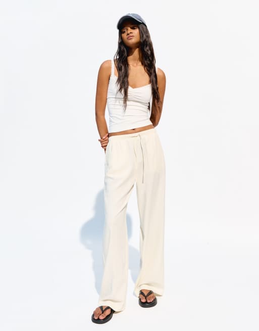 Bershka - Pantaloni in misto lino giallo con elastico in vita, 3 di 4