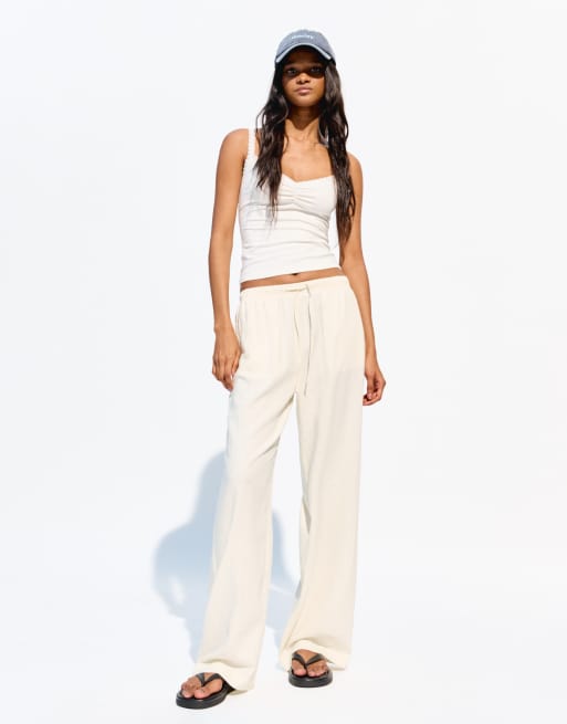 Bershka - Pantaloni in misto lino giallo con elastico in vita, 4 di 4