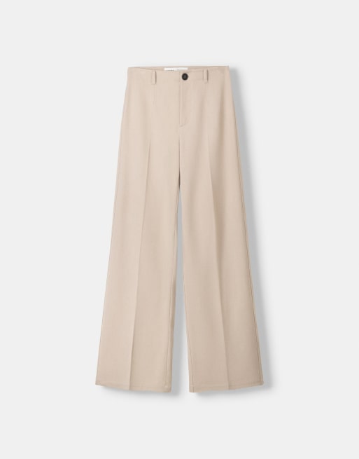 Bershka - Pantaloni sartoriali con fondo ampio beige chiaro, 4 di 5