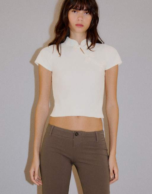 Bershka pantaloni slim fit a vita bassa marroni, 4 di 5