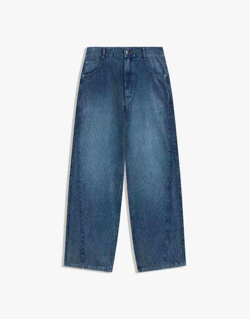 Bershka Pantaloni super ampi in velluto a coste blu denim ASOS