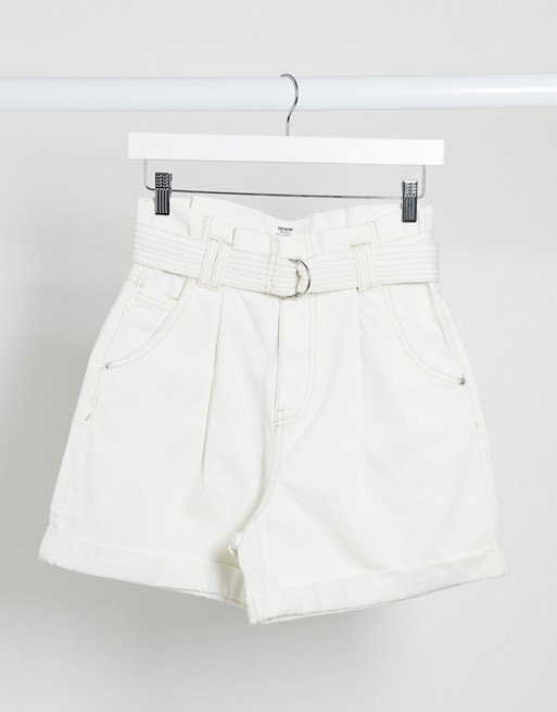 Bershka paper bag denim shorts in white