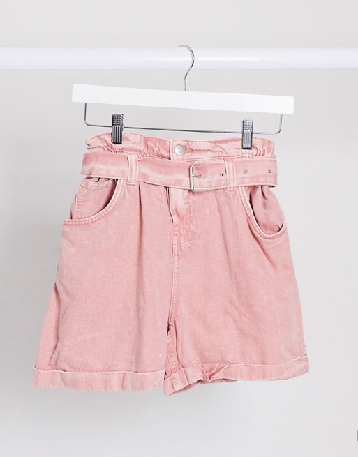 Bershka paperbag belted denim shorts in washed pink