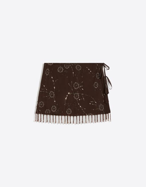 Bershka – Pareo-Rock in Braun mit Perlenstickerei, 4 von 4