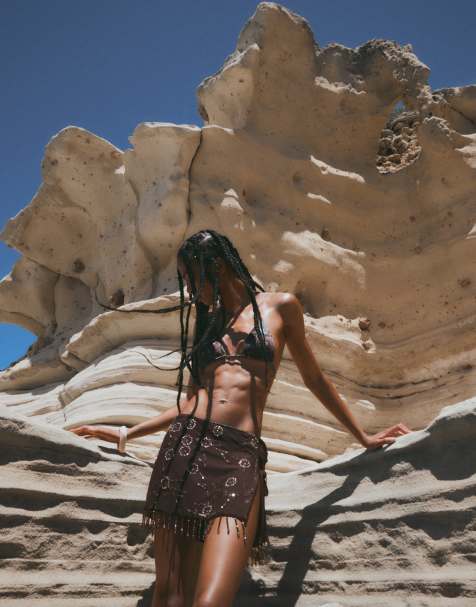 Bershka - Pareo rok met geborduurde kralen in bruin - view 1