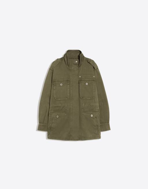 Bershka Parka jacket with pockets and funnel neck in khaki, 5 of 5