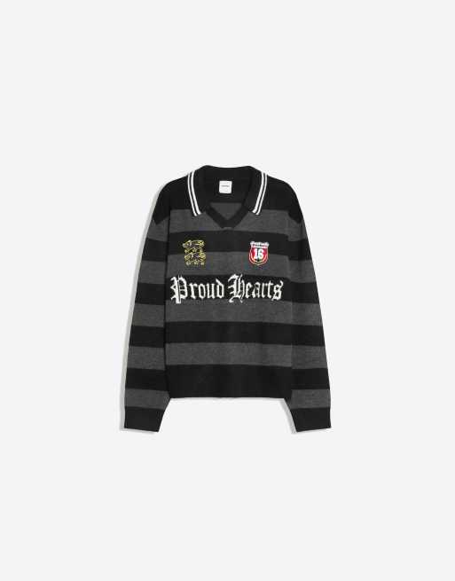 Bershka Patched polo collar jumper in grey&black, 5 of 5