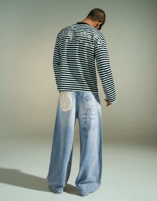 Bershka Patchwork Barrel-Jeans in Hellblau, 4 von 6