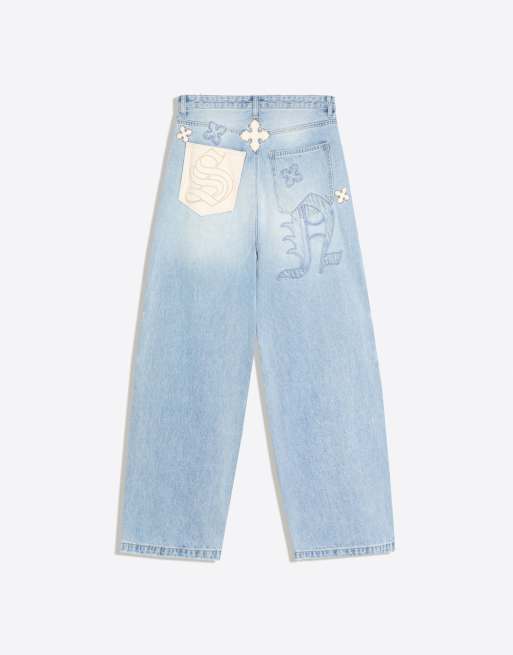 Bershka Patchwork Barrel-Jeans in Hellblau, 6 von 6