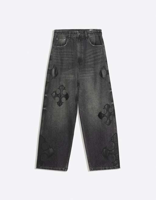 Bershka patchwork barrel jeans in zwart, 5 van 5