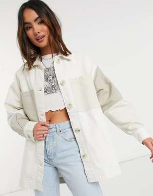 BERSHKA PATCHWORK CANVAS SHACKET IN BEIGE-NEUTRAL 1459/665/746