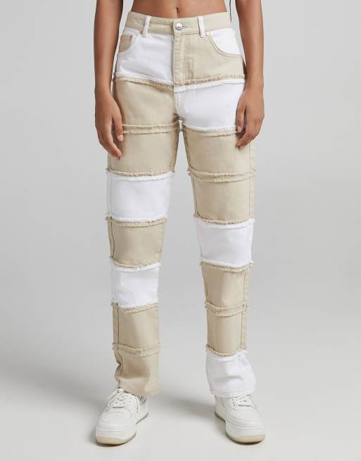 Bershka patchwork detail pants in beige and white