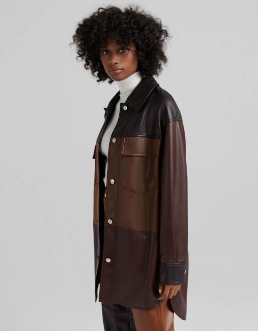 Bershka patchwork faux leather shacket in multi