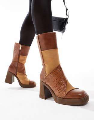 Bershka - Patchwork-Stiefel in Braun mit Absatz-Brown