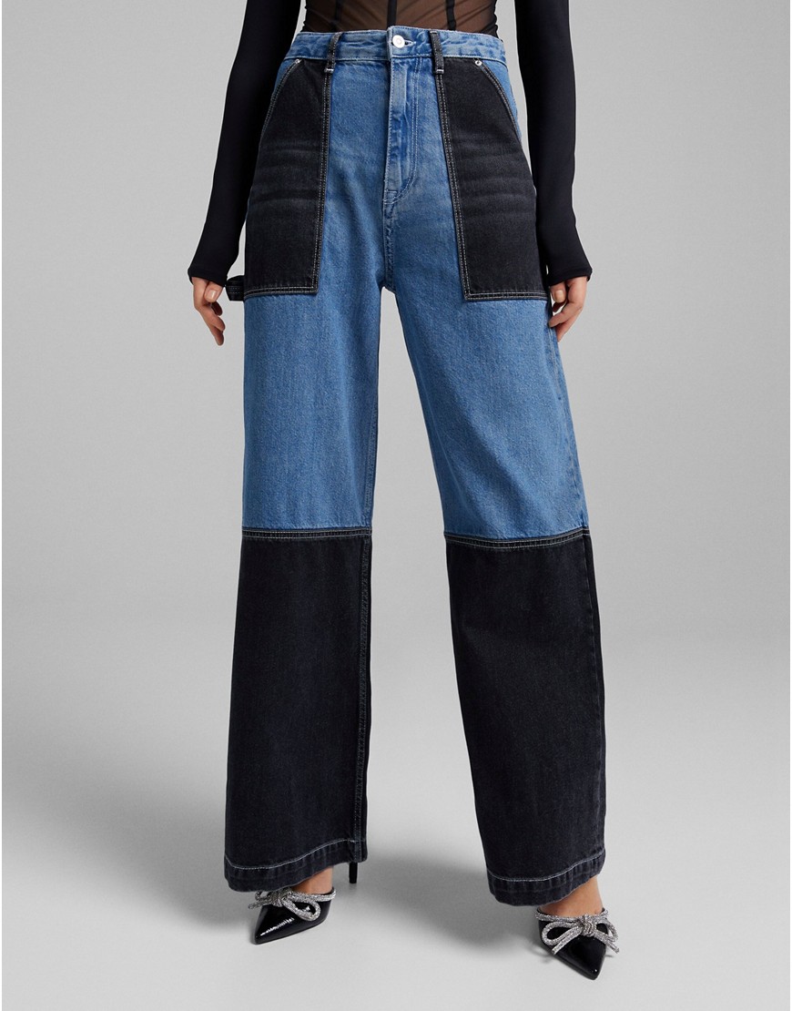 Bershka patchwork wide leg carpenter jeans in blue and black-Multi