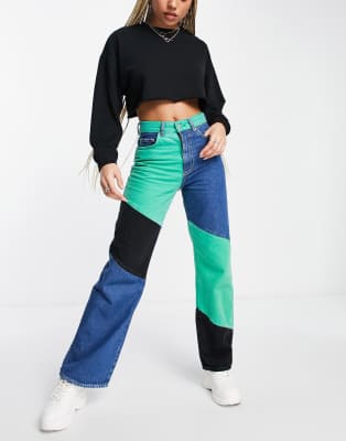 Bershka patchwork wide leg jeans in blue green and black