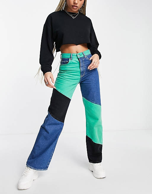 Women Bershka patchwork wide leg jean in blue green and black 