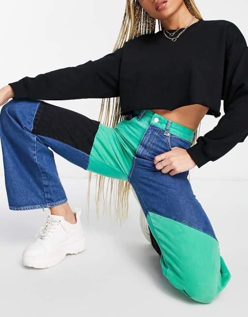 Bershka patchwork wide leg jean in blue green and black