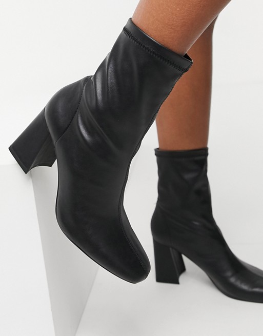 Bershka patent boot with flared heel in black