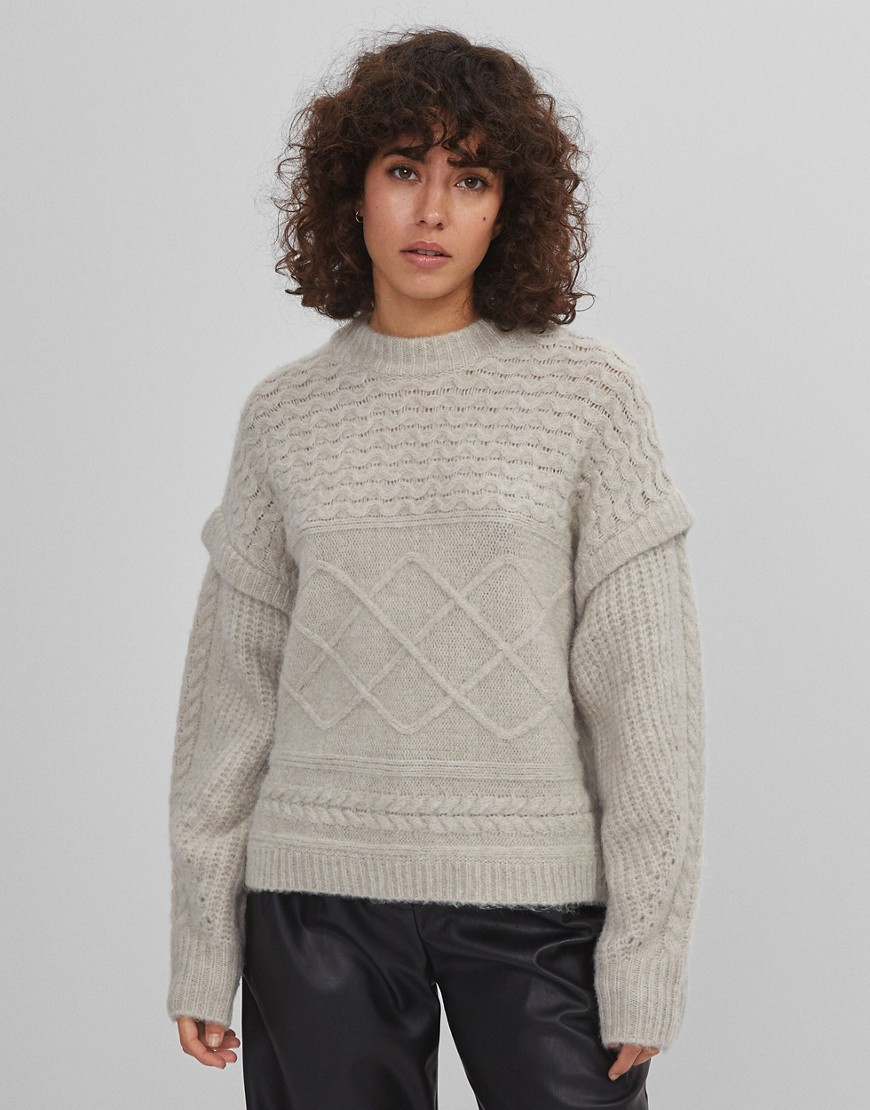 Bershka pattern knit sweater in beige-Neutral
