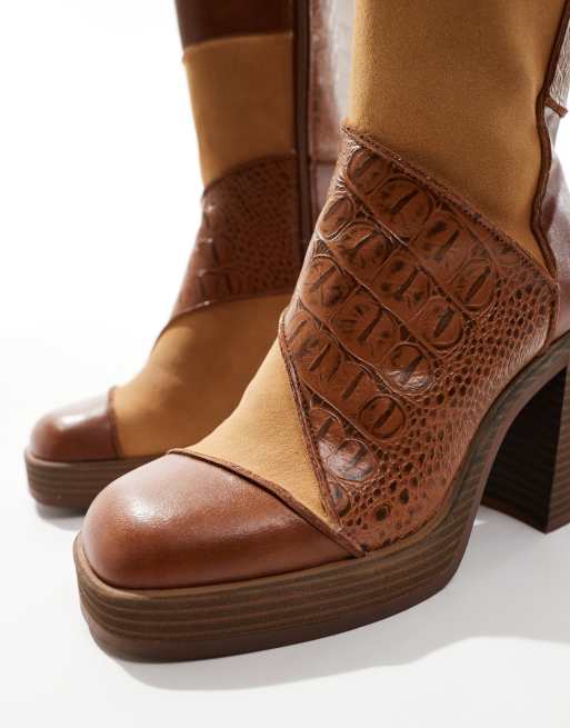Bershka patwork heeled boots in brown