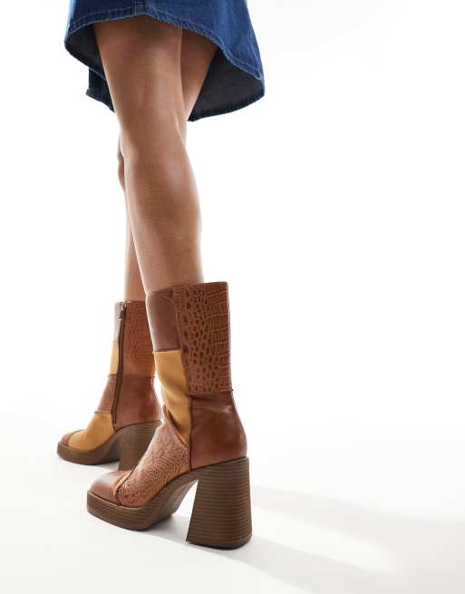 Bershka patwork heeled boots in brown
