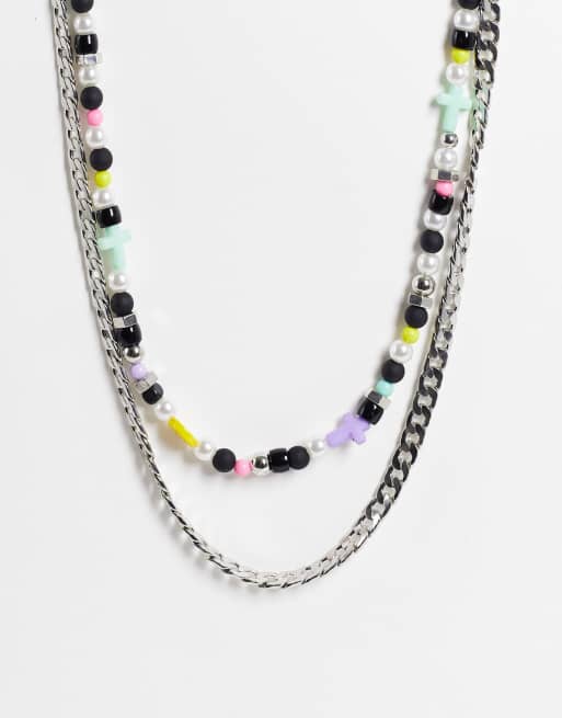 Bershka pearl and bead necklace in multi