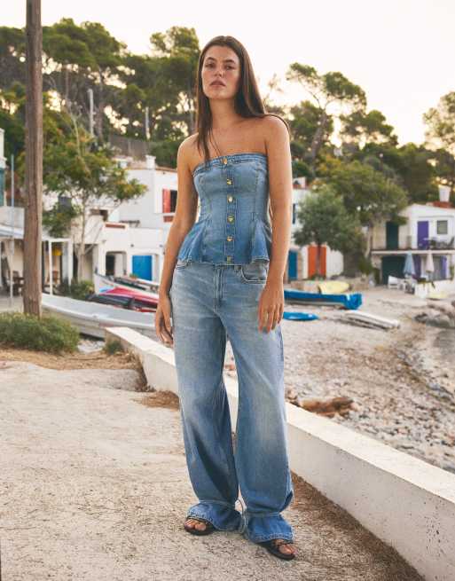 Bershka peplum denimtop i mellemblå, 4 af 5