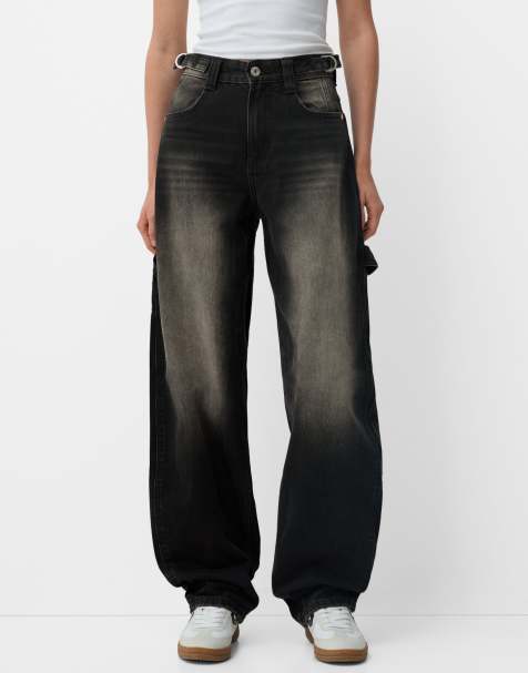 Bershka Petite adjustable balloon fit carpenter jeans in brown - view 1