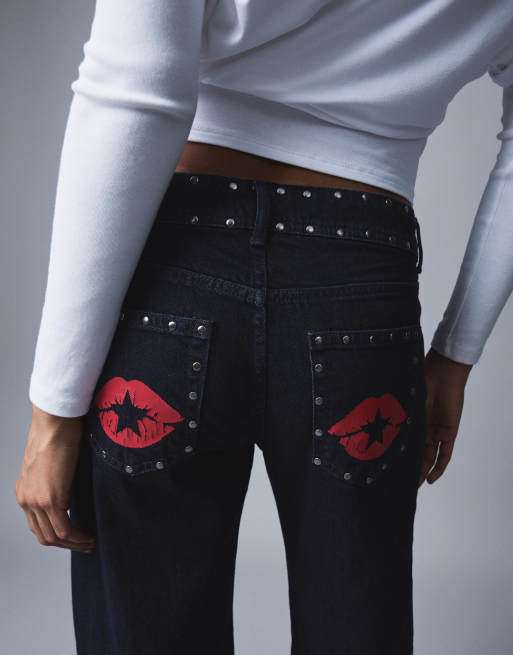 Bershka Petite - Baggy jeans met lage taille en studs in blauw, 2 van 4