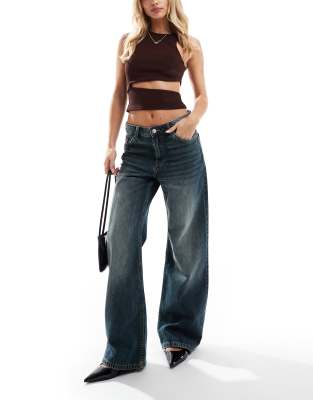 Petite baggy wide leg jeans in mid wash blue